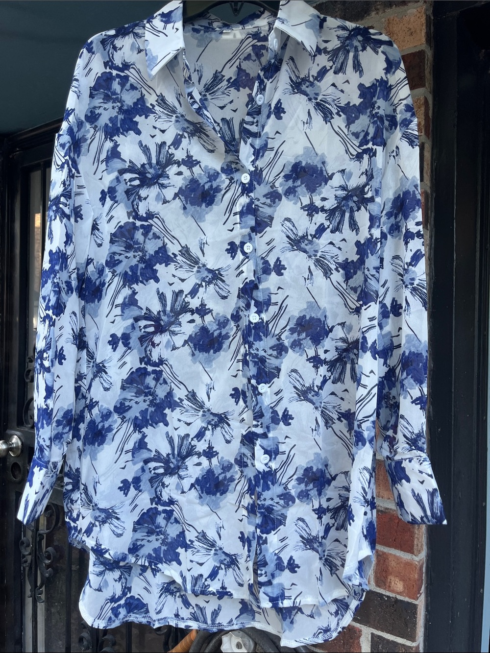 Women's White Button-Up Blouse with Blue Floral Print